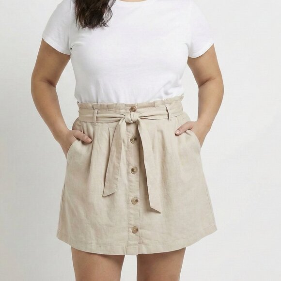 Falls Creek Dresses & Skirts - Falls Creek 1X Beige Cream Short Skirt Button Front Tie Belted Waist Linen Rayon